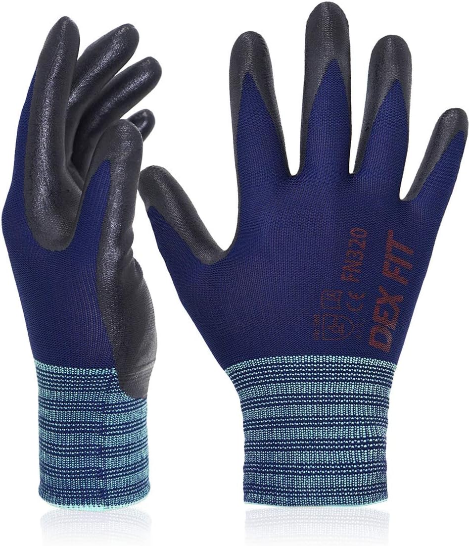 DEX FIT Premium Nylon Work Gloves FN320 - Firm Nitrile Grip, 3D-Comfort Stretchy Fit, Thin & Lightweight, Protective & Durable, Breathable, Machine Washable; Navy 8 (M) 1 Pair