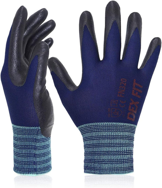 DEX FIT Premium Nylon Work Gloves FN320 - Firm Nitrile Grip, 3D-Comfort Stretchy Fit, Thin & Lightweight, Protective & Durable, Breathable, Machine Washable; Navy 9 (L) 3 Pairs
