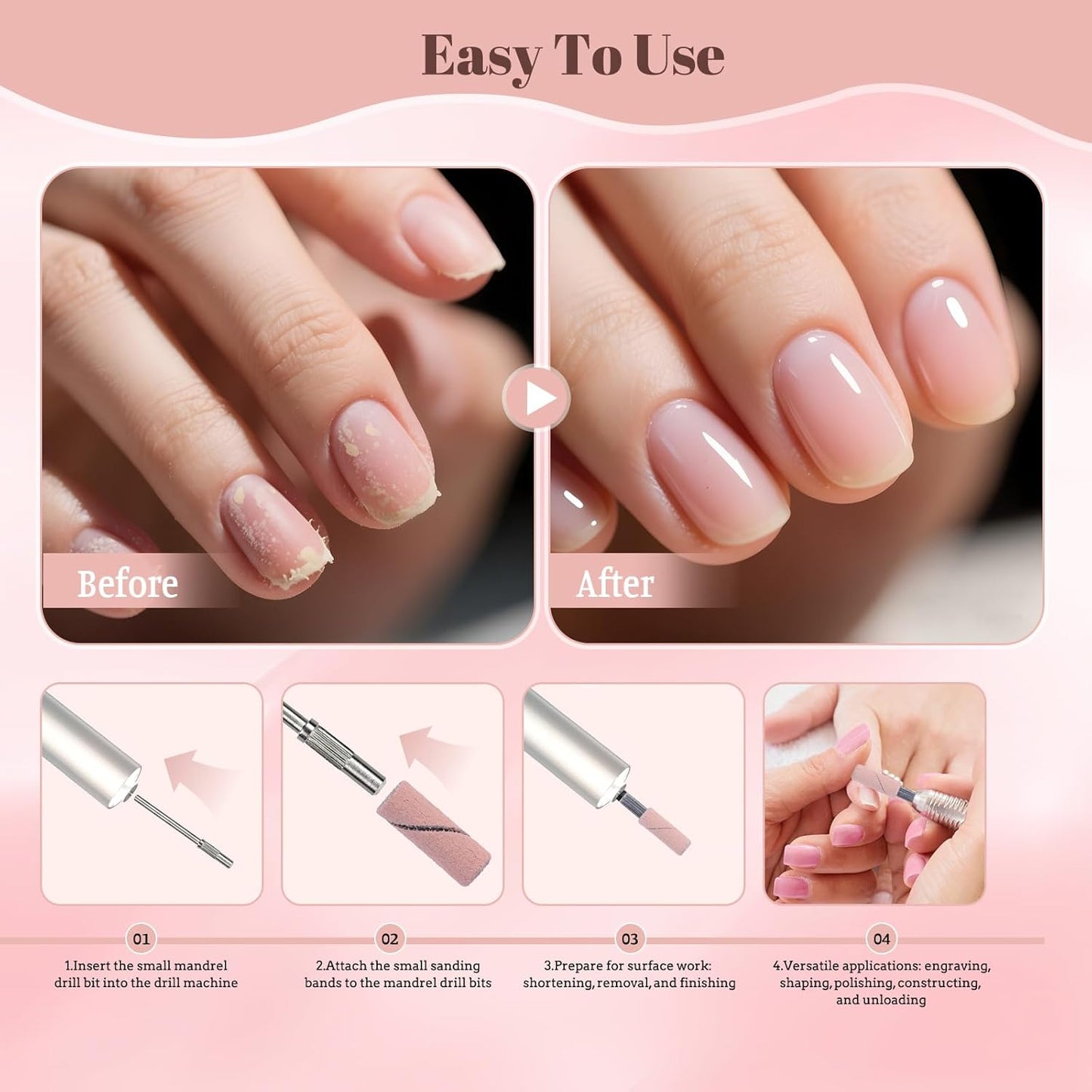 100 Pcs Nail Drill Bits Sanding Bands for Nail Drill, Nail Tips for Drill Bits Nail Tech,240 Fine Grit Nail File Sanding Bands for Acrylic Nails Gel Manicures and Pedicure, Pink