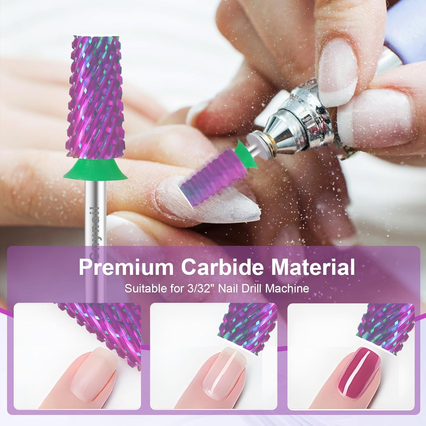 Cnynail 3/32" Large Tapered Barrel Flat Bit Tungsten Carbide Nail Drill Bit Safety Bit for Gel & Acrylic Removal, 2- Way Rotating Efile Tip, Salon Electric File Accessory (C Girt, Purple)