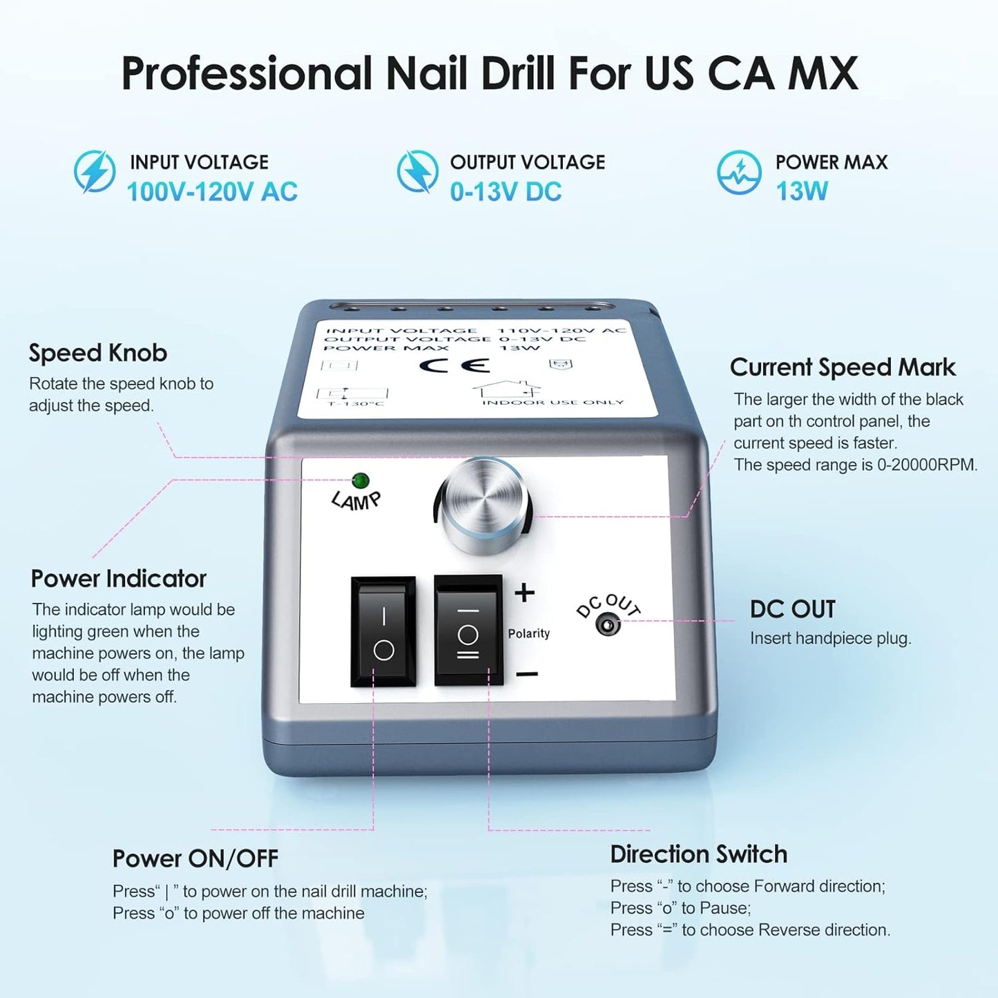 Professional Nail Drill Machine 20000 RPM Efile Electric Nail Filer Kit for Finger Toe Nails, Acrylic Gel Nails, Manicure Pedicure Drill with 6Pcs Nail Bits, 106Pcs Sanding Bands - Grey