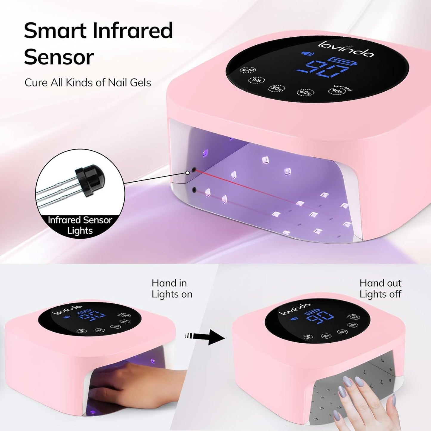 Lavinda UV LED Nail Lamp 54W Cordless Gel Nail Light, Rechargeable UV Lamp for Nails, Professional LED Nail Dryer with Timer & Display for Gel Nails Salon Home Use Matte Macaron Pink