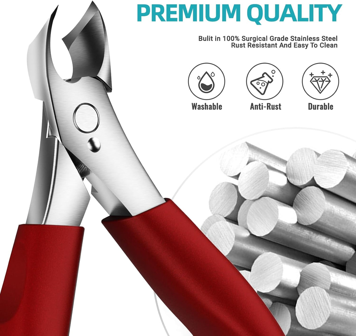 Toenail Clippers for Thick Nails for Seniors - Heavy Duty Toe Nail Clippers Kit with Long Handle for Men & Elderly with Inflexible Joints, Professional Nail Clippers Kit for Thickened Toenails (Red)