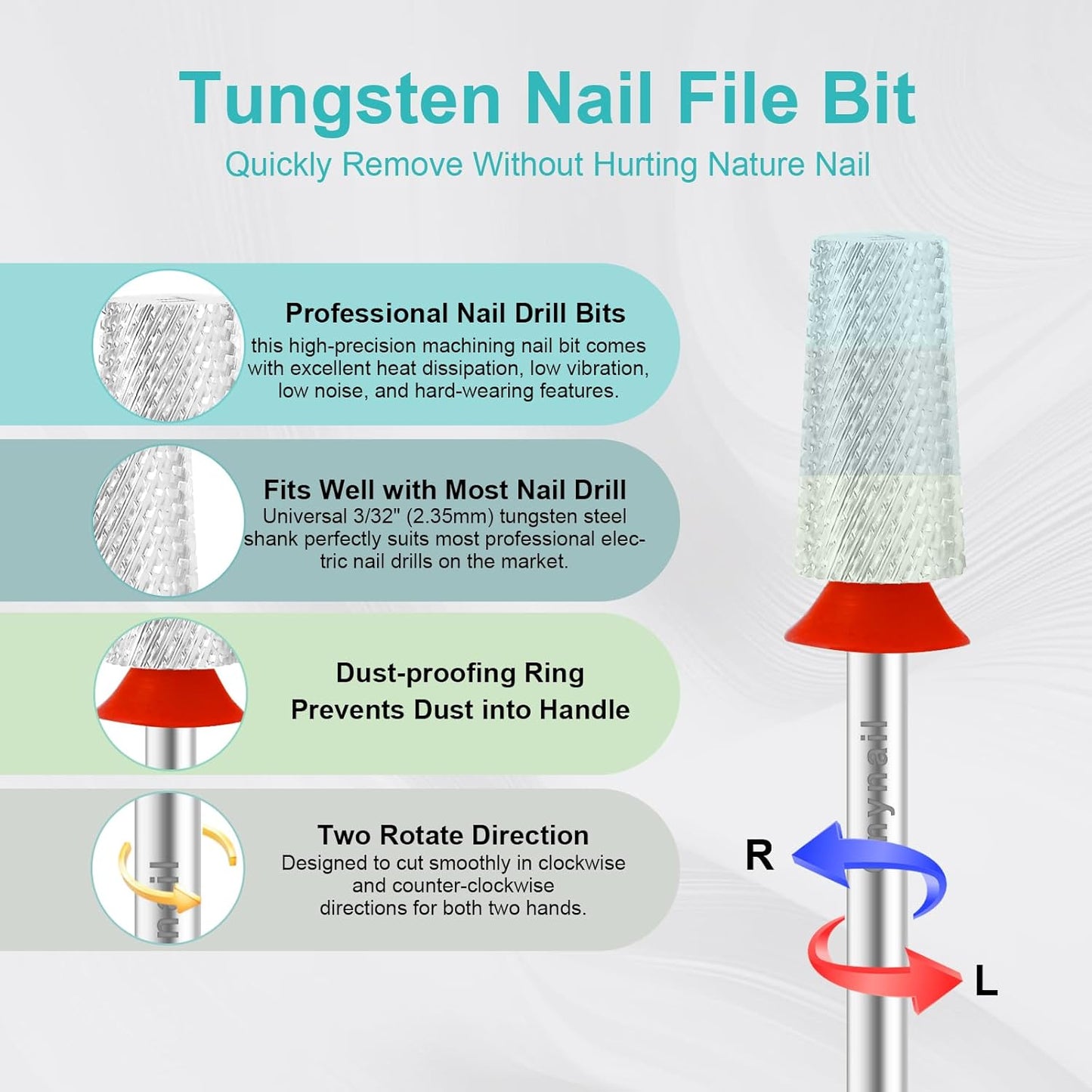 3/32" Large Tapered Barrel Flat Bit Tungsten Carbide Nail Drill Bit Safety Bit for Gel & Acrylic Removal, 2- Way Rotating Efile Tip, Salon Electric File Accessory (F Girt, Silver)
