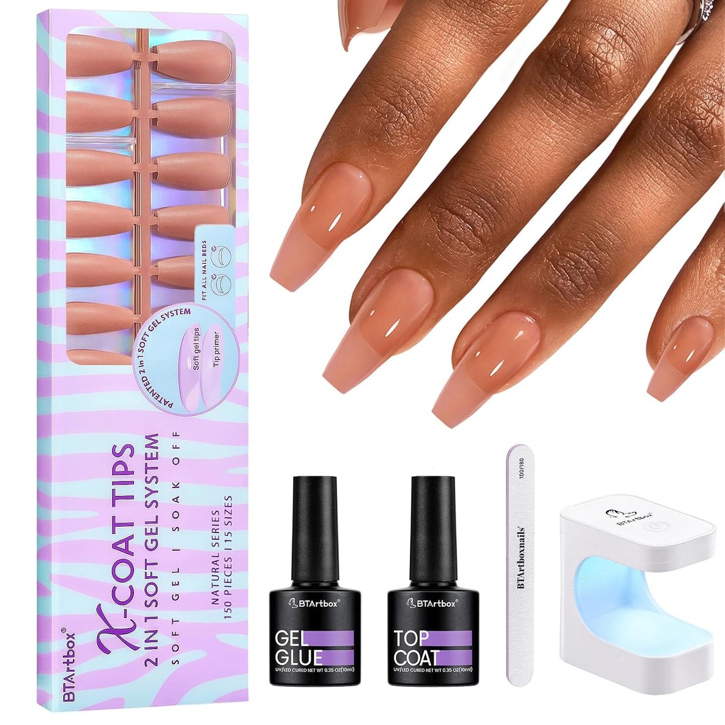 BTArtbox XCOATTIPS Gel Nail Kit - Medium Coffin Press on Nails Brown Pre-applied Tip Primer with Gel Glue and Top Coat, Fake Nails for Daily Nail Art