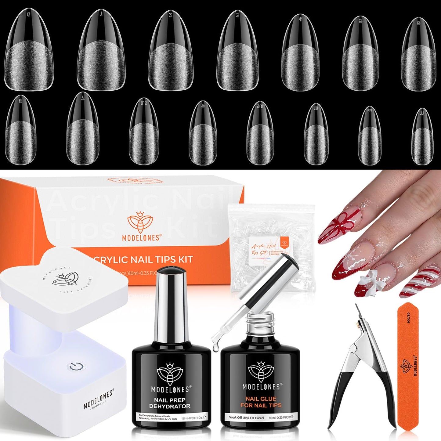 modelones Gel Nail Kit Almond, Upgrade 15Sizes Fake Nails, 9-in-One Glue Dehydrator & Mini U V Light Clipper, 510Pcs Medium Almond Press on Tips for Extension DIY Salon Home Gift