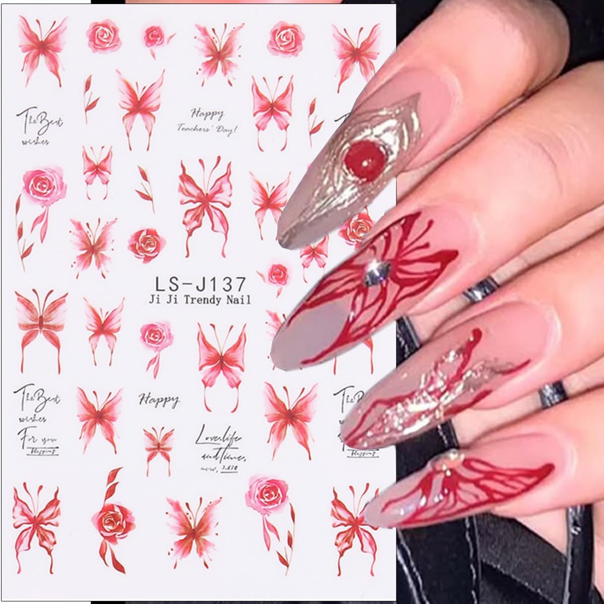6Sheets Flower Nails Art Stickers Pink Cherry Blossom Nail Decals Butterfly Rose Nail Stickers Spring Summer Floral Design Sticker Cute Lily Flowers Nails Supplies Decorations for Women DIY Manicure