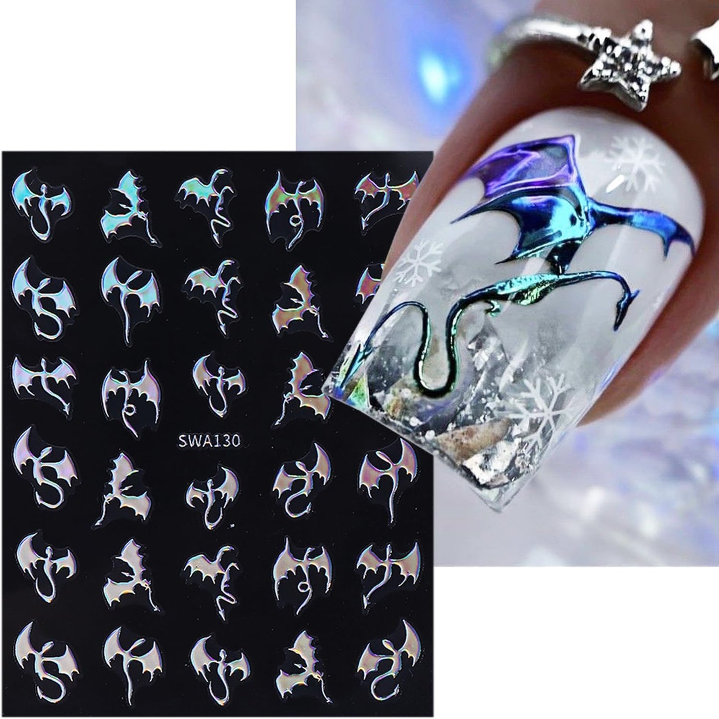 6 Sheets Halloween Nail Stickers for Nail Art Horror Bat Nail Decals Gold Silver Holographic Laser Gothic Dragon Nail Art Stickers 3D Self-Adhesive Halloween Bats Nail Design Supplies for Women