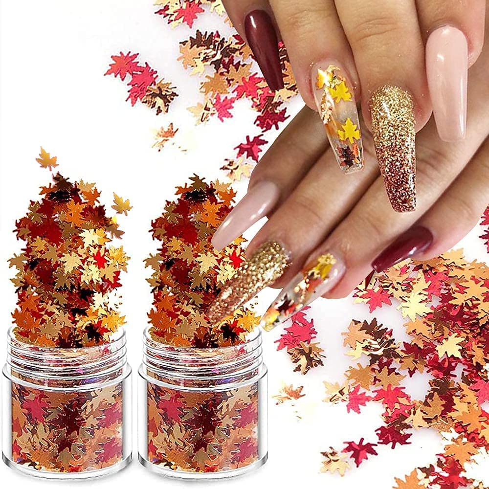 Nail Art Maple Leaf Flake 20gram Glitter Fall Leaves Metallic 3D Maple Leaf Shaped Red Yellow Orange Mixed Design Confetti -Maple Spangles for Women Girls Manicure Kit Decorations (2 Pot)