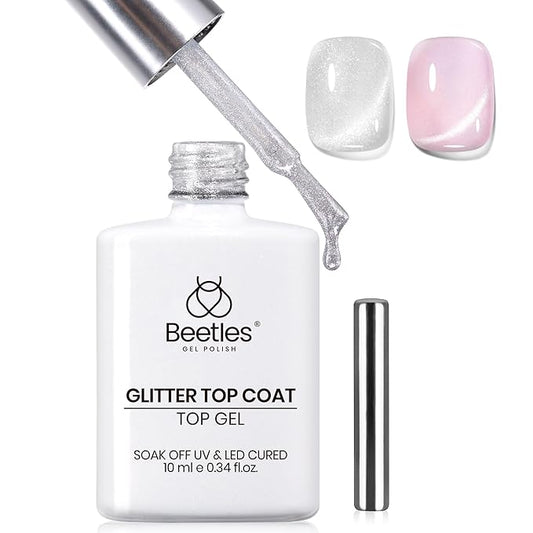 Beetles Cat Eye Gel Top Coat，2 in 1 Top Coat Gel Nail Polish & Cat Eye Magnetic Effect No Wipe - Shine Finish and Long Lasting, Soak Off LED Nail Lamp Nail Art Design Manicure Diy at Home