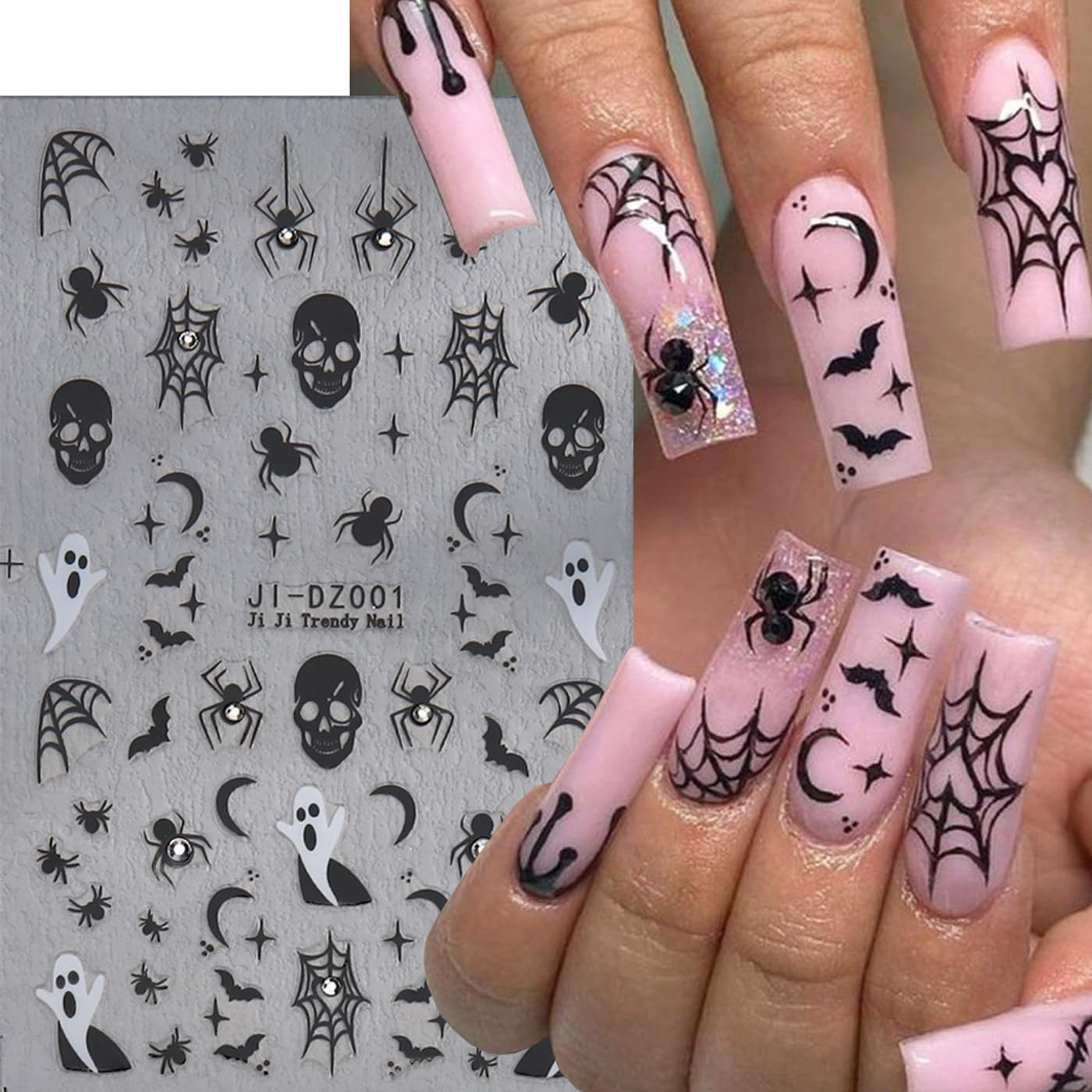 Halloween Nail Sticker 6Sheets Dark Halloween Crystal Star Spider Web Ghost Skull Nail Stickers for Nail Art,Halloween Pumpkin Nail Decals 3D Design Self-Adhesive Nail Supplies DIY Manicure Decoration