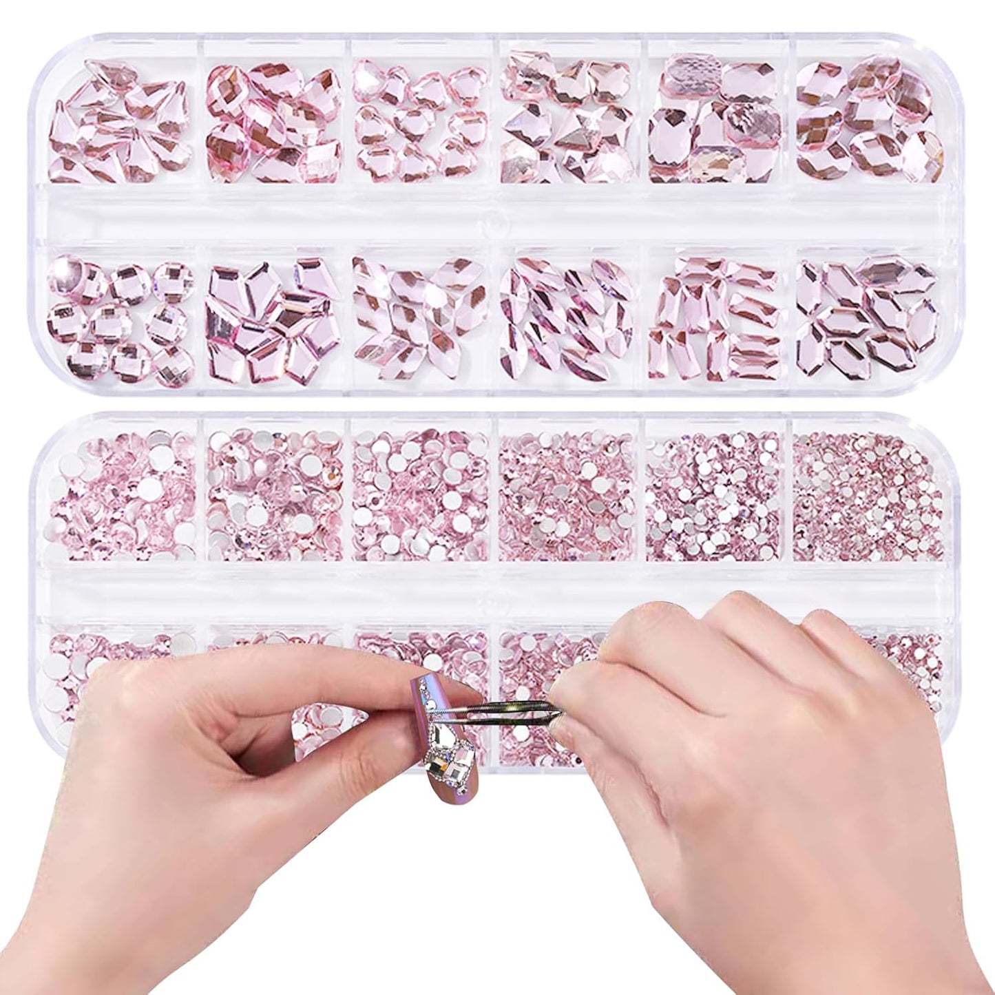 HOINCO 3120 Light Pink Diamond Rhinestones, Crystal AB Flat Bottom Gemstones for Nail Art DIY Craft Decoration With Crayon Tweezers - 3D Mixed Size