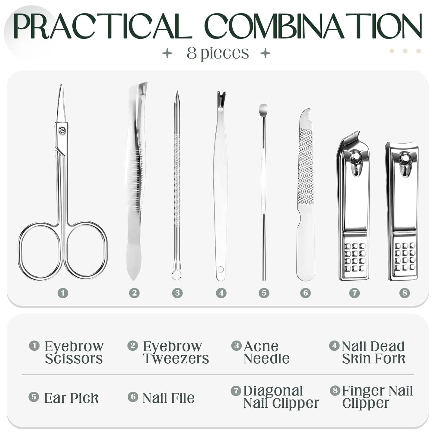 Geosar 12 Sets Manicure Set Nail Clippers Pedicure Kit 8 in 1 Grooming Stainless Steel Kits Nail Care Tools with Travel Case Xmas Gifts for Men Women(Green)