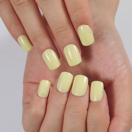 Cream Yellow Press On Nails Short, Glossy Soft Gel Press On Nails Square with Nail Glue, 15 Sizes - 30 Fake Nails Kit, Thick Natural Reusable Glue On Nails for Women, Butter Bliss