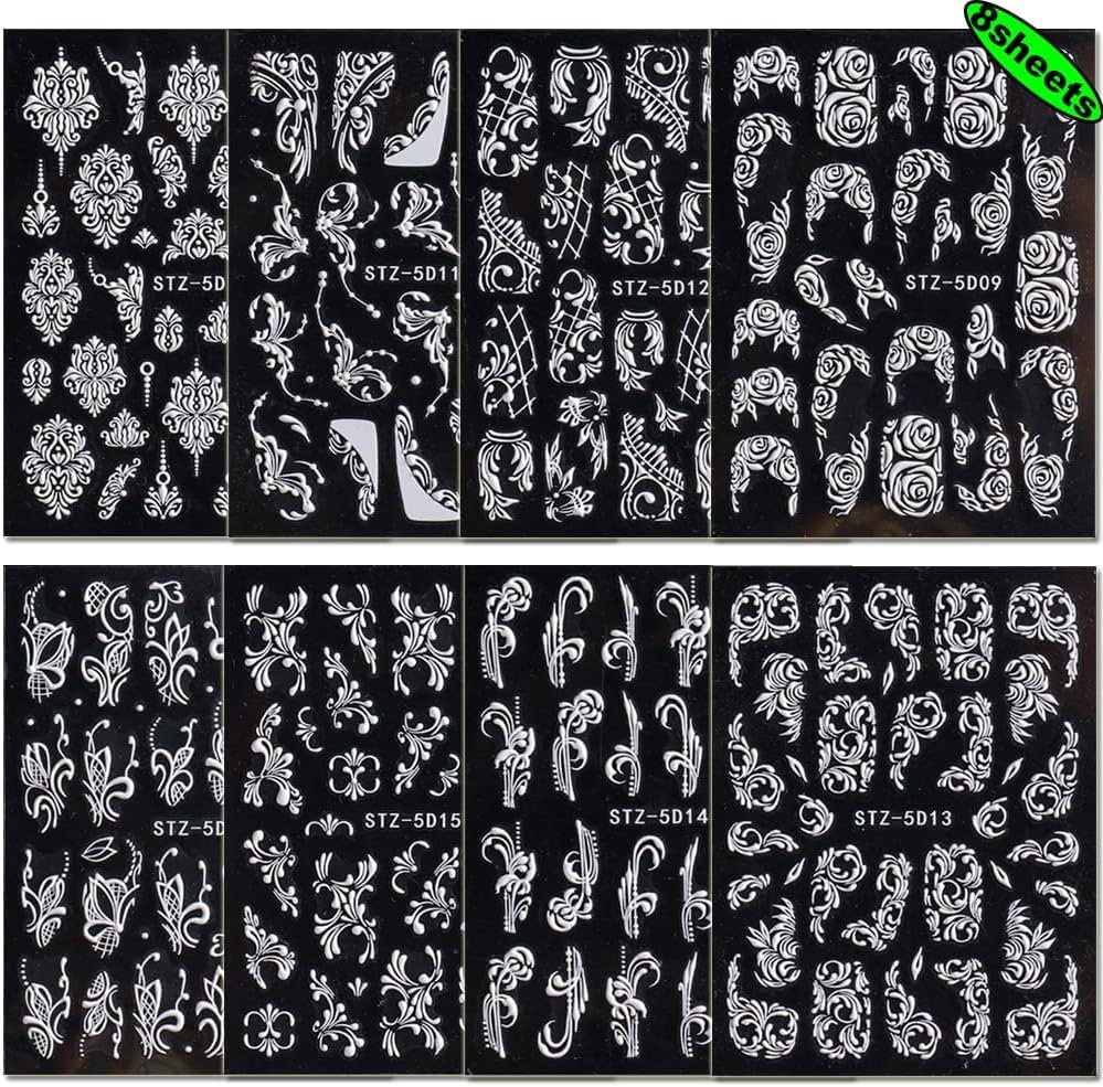 Flower Nail Art Stickers Decals, 8 Sheets 5D Engraved Flower Nail Decals White Wedding Nail Art Accessories French Tips Nail Designs Self Adhesive Lace Flower Carving Nail Stickers for Women Girls
