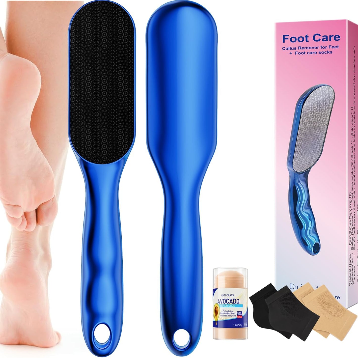 Nano Glass Foot File, Hard Skin Callus Remover with 1PCS Feet Cream, 2Pairs Moisturizing Heel Socks, Professional Foot Care Kit Keep Your Feet Smooth, Blue
