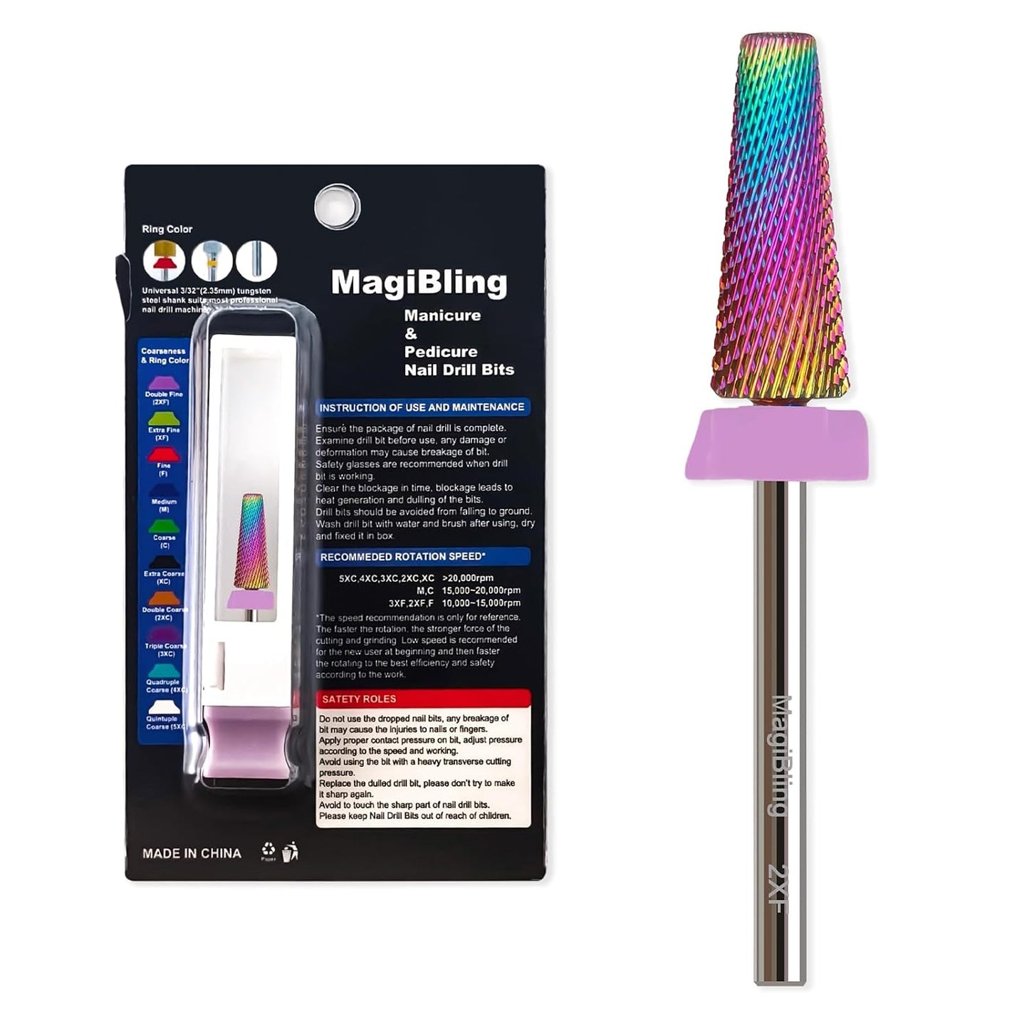 2xf 5 in 1 Nail Drill Bits, 16mm Tapered 3/32'' Professional Tungsten Carbide Bits for Efile, 2 Rotation for Electric Drill, Remove Thin Gel, Manicure Cuticle Gel Polishing, Techs Bits, Double Fine