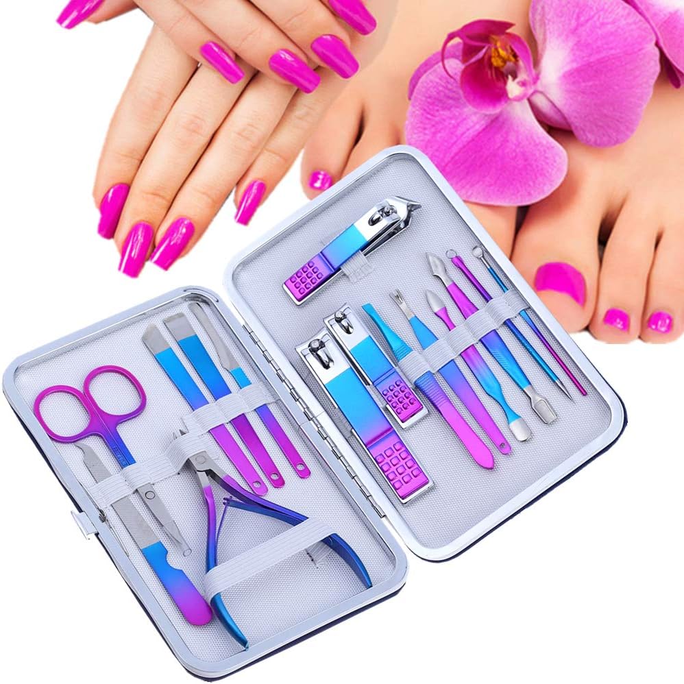 Manicure Set, Professional Nail Clippers Kit, Pedicure Care Tools, Professional Women Grooming Kit -Premium Stainless Steel with Blue Travel Case Set 15PC Great Gift(Colorful)