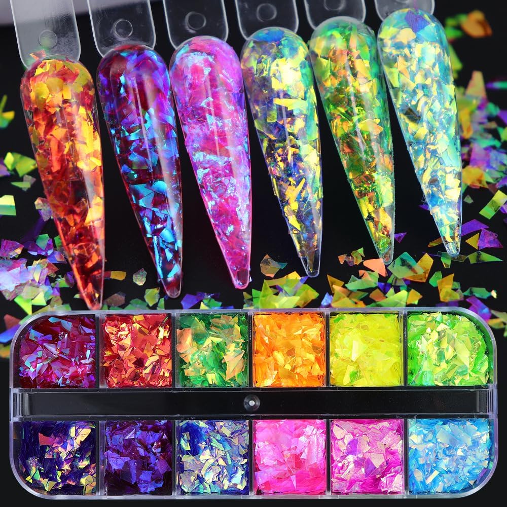 12-Grid Colorful Holographic Mermaid Nail Art Glitter Gradient Colorful ice slag Nail Sequins Irregular Candy Color Summer Metal foil DIY Nail Art Decoration