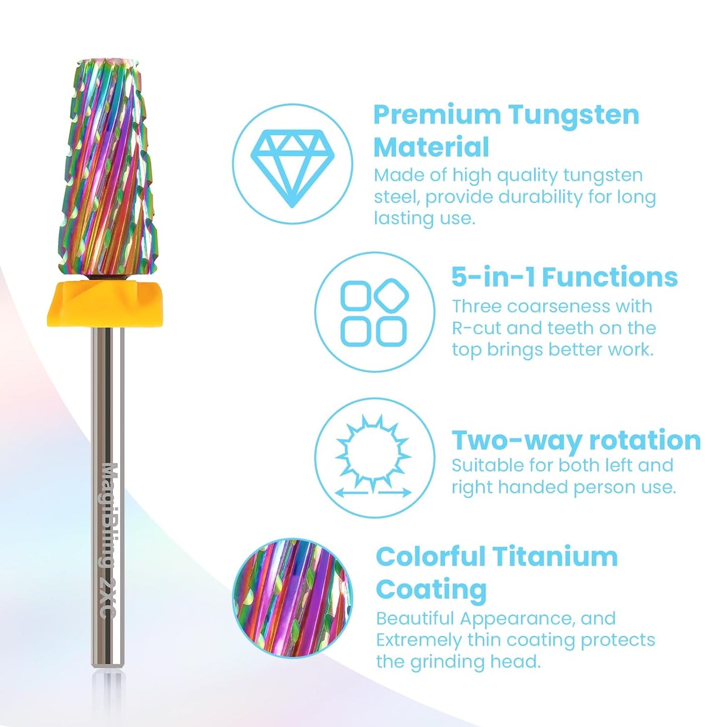 Professional 5 in 1 Tapered Nail Drill Bits, 3/32'' Safety Tungsten Carbide Bits, Remove Hard Gel Fast, Left & Right Hand Use, Easy for Beginner, Technicians Bits, Double Coarse.