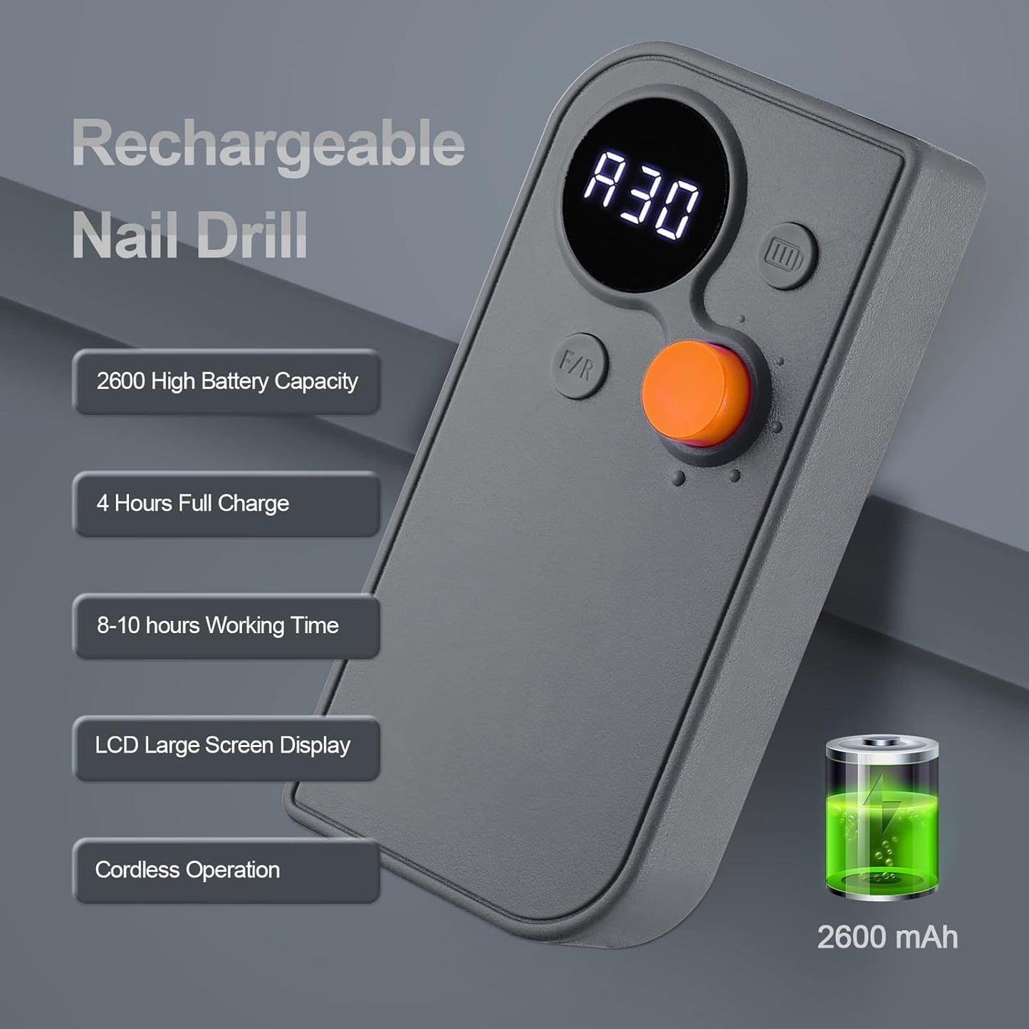 Professional Portable Nail Drill, 30000RPM Rechargeable Electric Nail File Machine for Acrylic Nails Gel Polishing Removing,Cordless E File Nail Drill Machine with Bits for Manicure Salon Home, Gray