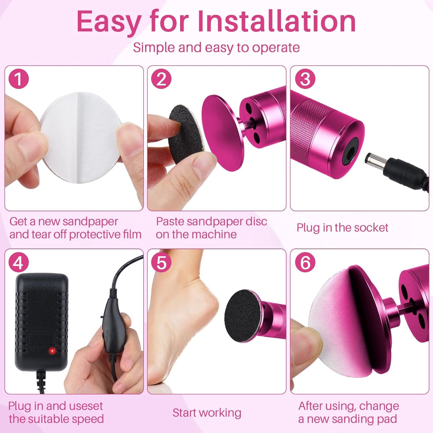 Electric Foot File Tool - Callus Remover for Feet, 2-in-1 Nail Grinder, Adjustable Speed with 60 Sandpaper Discs, Rose