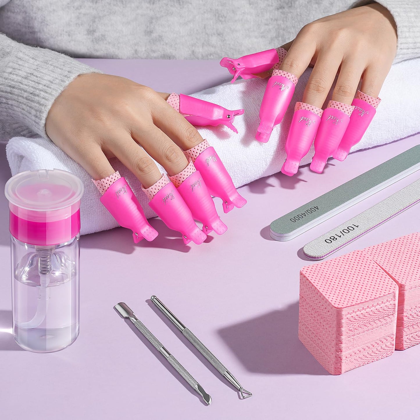 TsMADDTs Gel Nail Polish Remover Tools Kit with Lint Free Wipes, Nail Remover Clips, 100ml Nail Polish Remover Bottle, Cuticle Tools and File, Buffer Blocks