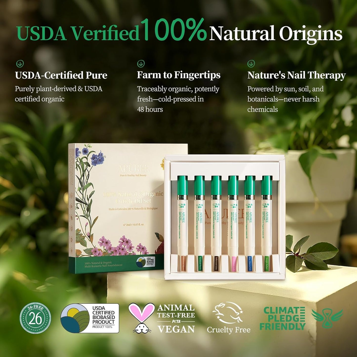 APUREE Organic Cuticle Oil Set: 100% Pure (6pcs)| Moisturing for Dry Cuticle & Nail Growth| USDA Verified & Cold Pressed Hexane Free| Manicure Prep Care| All Skin Type| Vegan & Cruelty Free| Gift Set