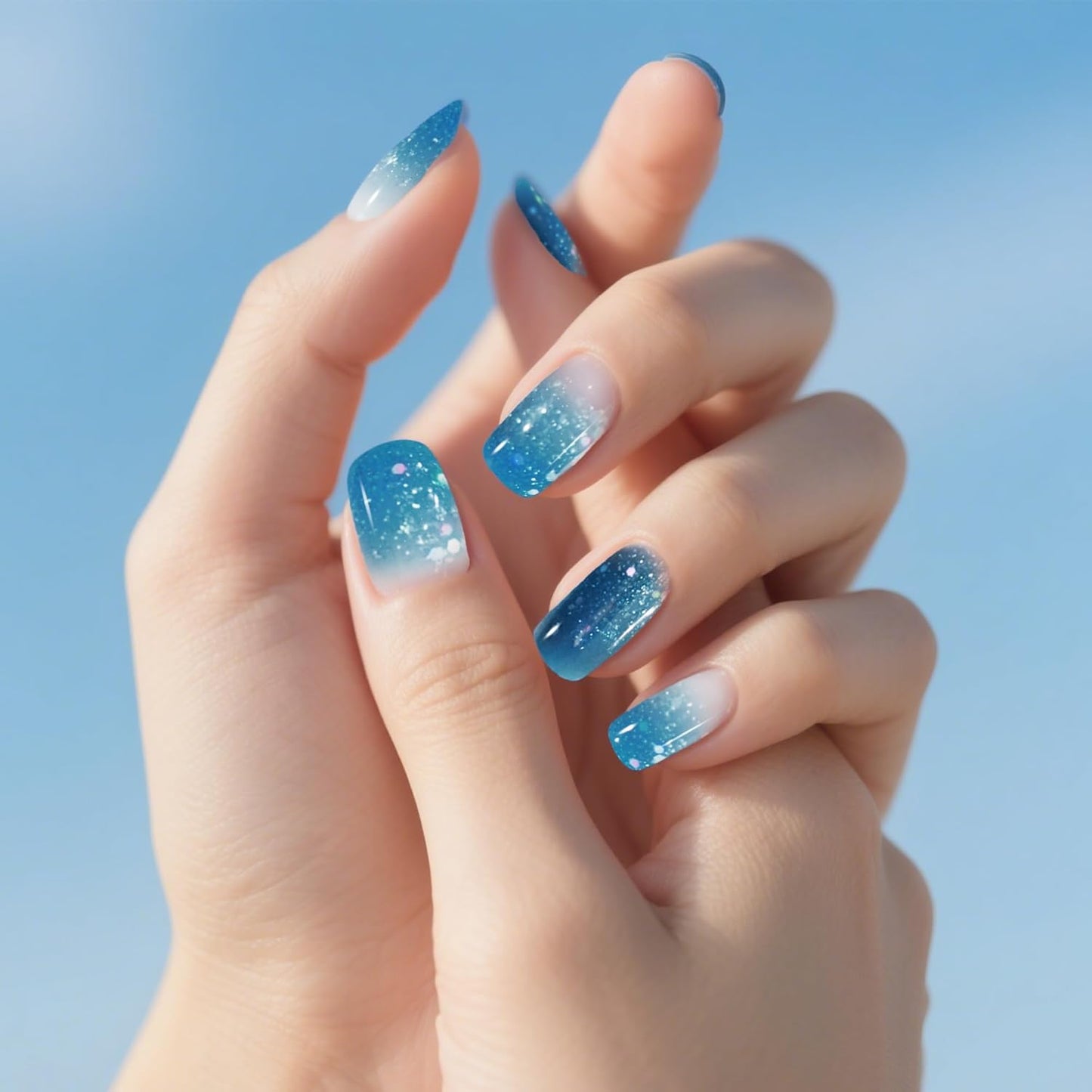 Semi Cured Gel Nail Strips-Mirror Shine Semi-Gel Stickers,Party & Festival Nail Wraps,Glow Under Sunlight,No Damage,Works with Any UV/LED Lamps(Waterbomb)