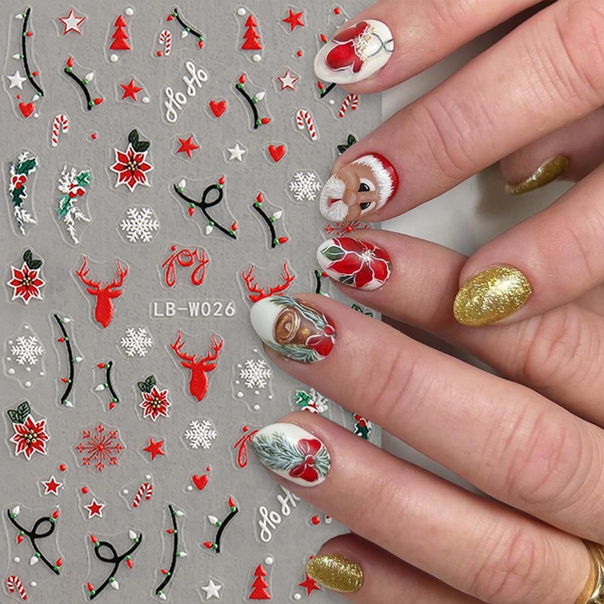 4Pcs Christmas Nail Art Stickers 5D Embossed Nail Decals Winter Christmas Tree Elk Snowflake Nail Art Design Self Adhesive Nail Supplies for Women DIY New Year Xmas Holiday Nail Decoration Accessories