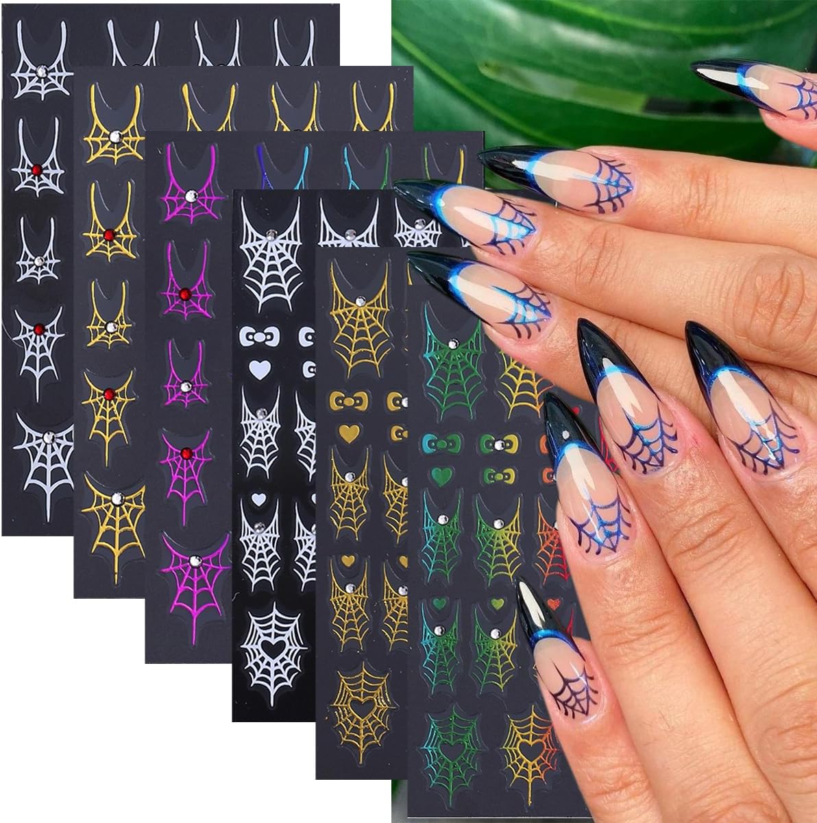 6 Sheets Halloween Nail Art Stickers Decals 3D Self-Adhesive Spider Nail Decals with Rhinestones Designs White Gold Rainbow Bow Spider Web Nails Decorations Holiday Nails Art Supplies for Women Girls