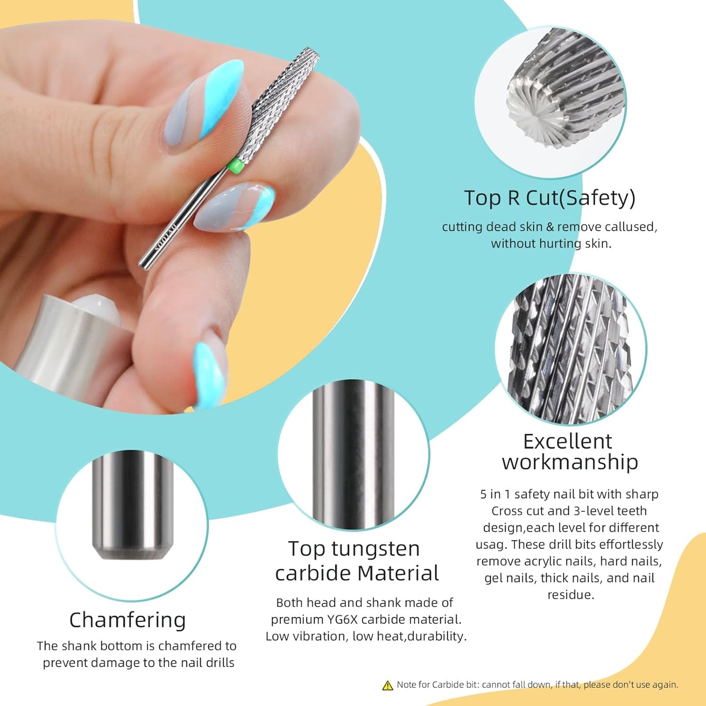 Super Long 5 in 1 Nail Drill Bits, 24mm Cross Carbide Tapered Nail Bit, 3/32" Two-way Rotate, Acrylic Nails Gel Remover, Electric Drills File Manicure Accessories (C)
