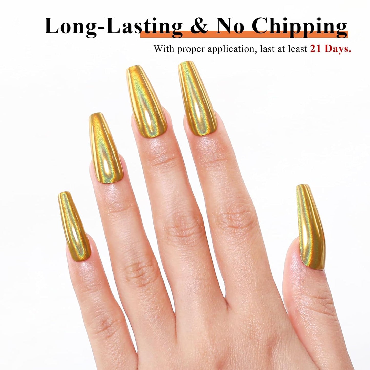 Imtiti Holographic Gold Chrome Nail Powder Kit,1g Holo Iridescent Gold Meatllic Mirror Effect Powder with 10ml White Color Gel Polish Metal Nail UV DIY Kit