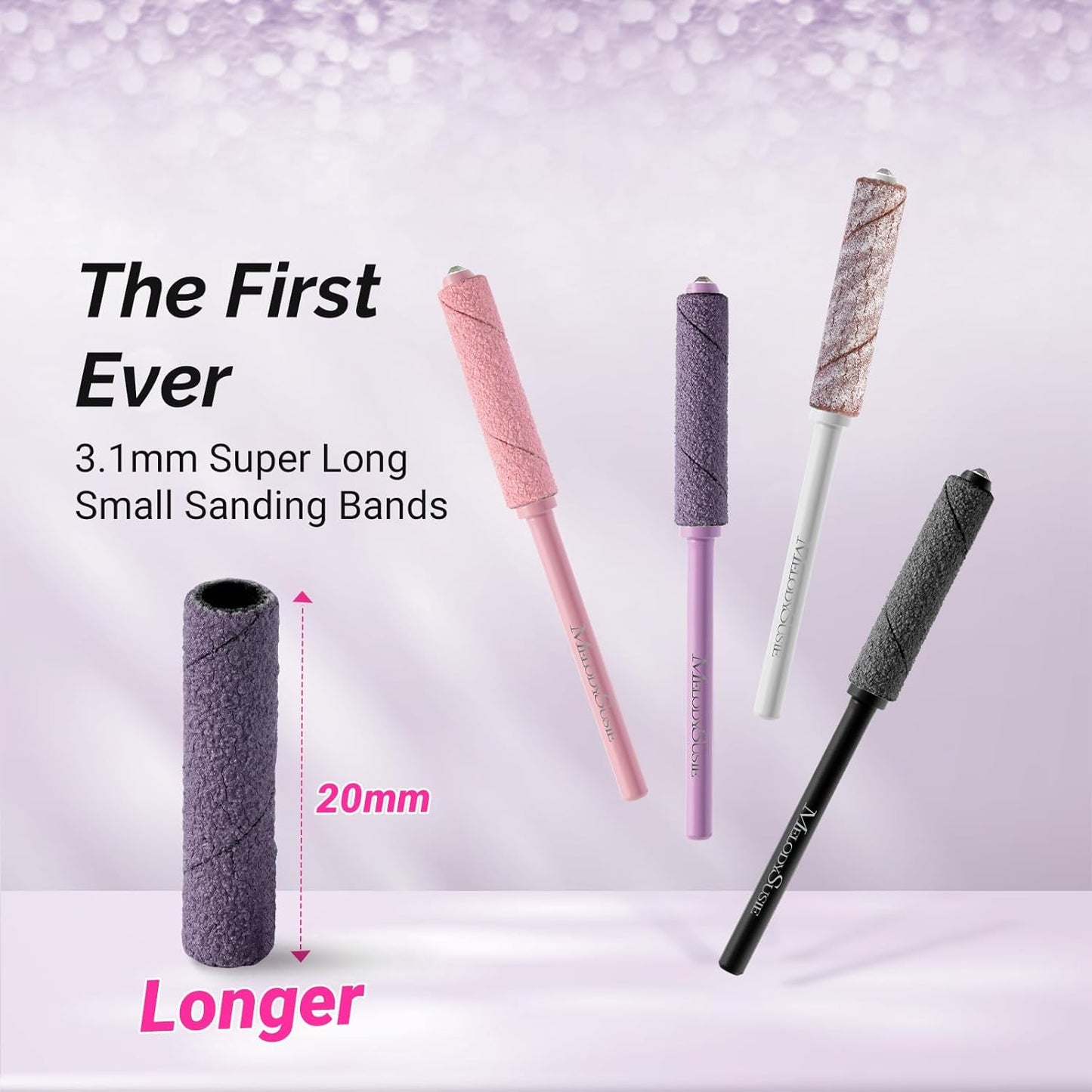 MelodySusie 50 Pcs Nail Drill Bits Super Long Small Sanding Bands with 3.1mm Crystal Mandrel Bit, 180 Fine Grit Nail File for Acrylic Nails Gel Manicures and Pedicure, Purple