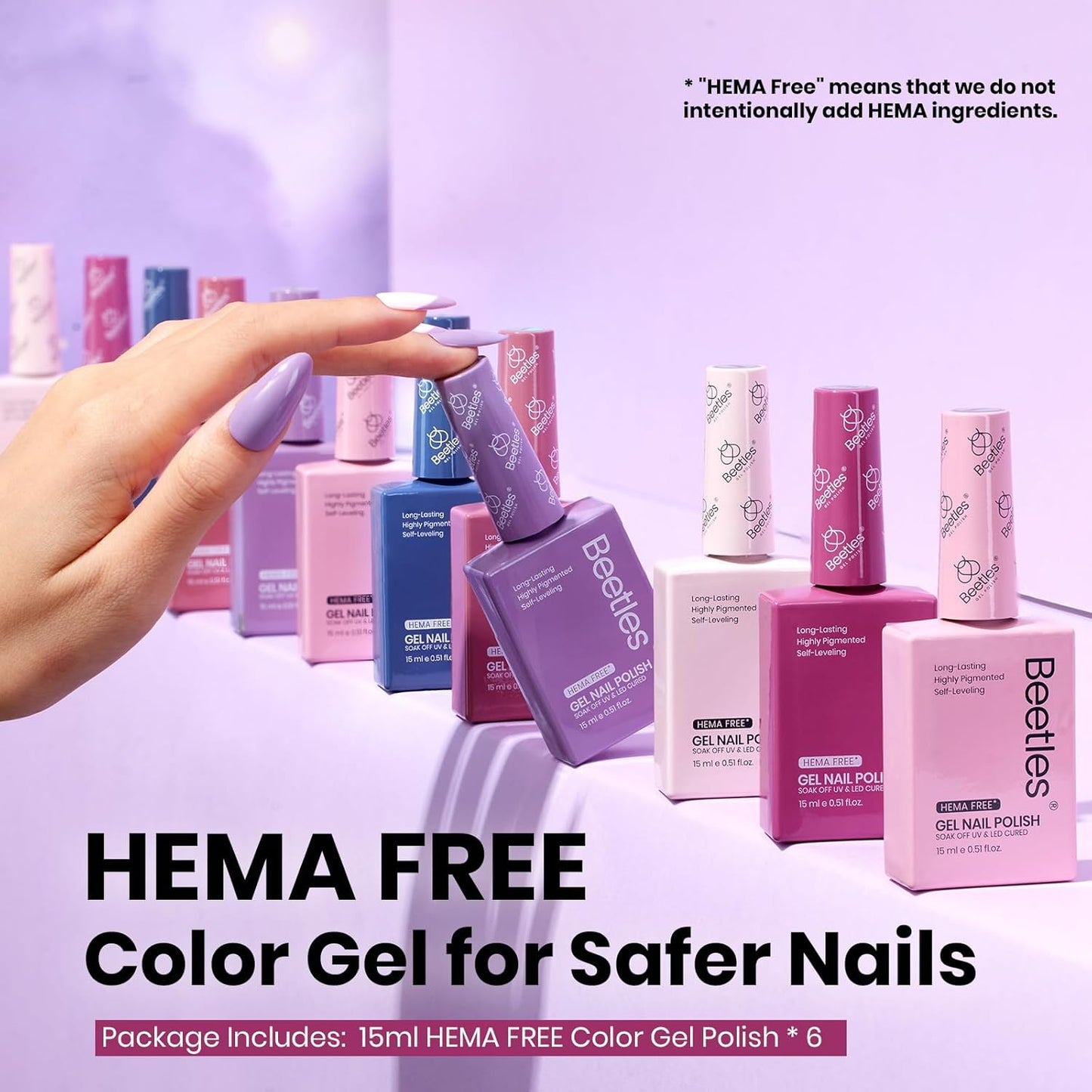 Beetles Gel Nail Polish Set Hema Free - 6 Colors Purple Nude Baby Pink Blue Gel Polish Kit Soak Off Uv LED Nail Lamp 15ml DIY Home Manicure Salon Serene Afternoon Gift for Women Girls