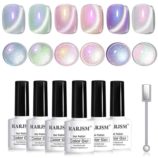 RARJSM Sparkle Diamond Pearl Cat Eye Gel Nail Polish Set 6pcs Velvet Silver Shimmer Pink Green Blue Purple White Glitter Mermaid Swirl Shell Thread Effect with Magnet Stick UV LED Curing Requires