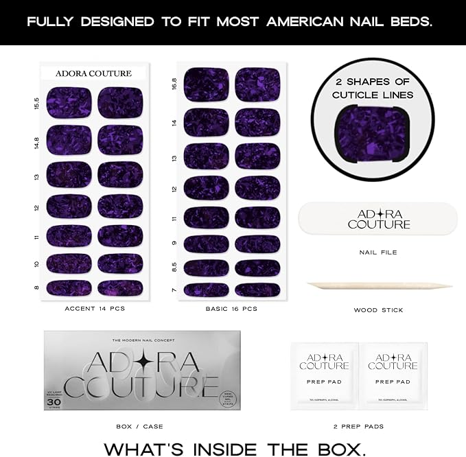 Semi Cured Gel Nail Strips with 30 Pieces - UV Gel Stickers, Manicure Kit, Easy Application Wraps Includes Prep Pads, Nail File, Wooden Stick - UV Light Required (Purple Flake)