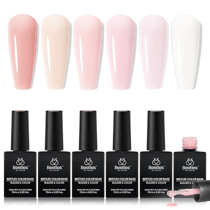 Beetles Rubber Base Builder Nail Gel - White Nude Pink Glitter French Tip Base Color Gel Polish Set for Manicure Strengthener Long Lasting Soak Off U V LED Nail Art