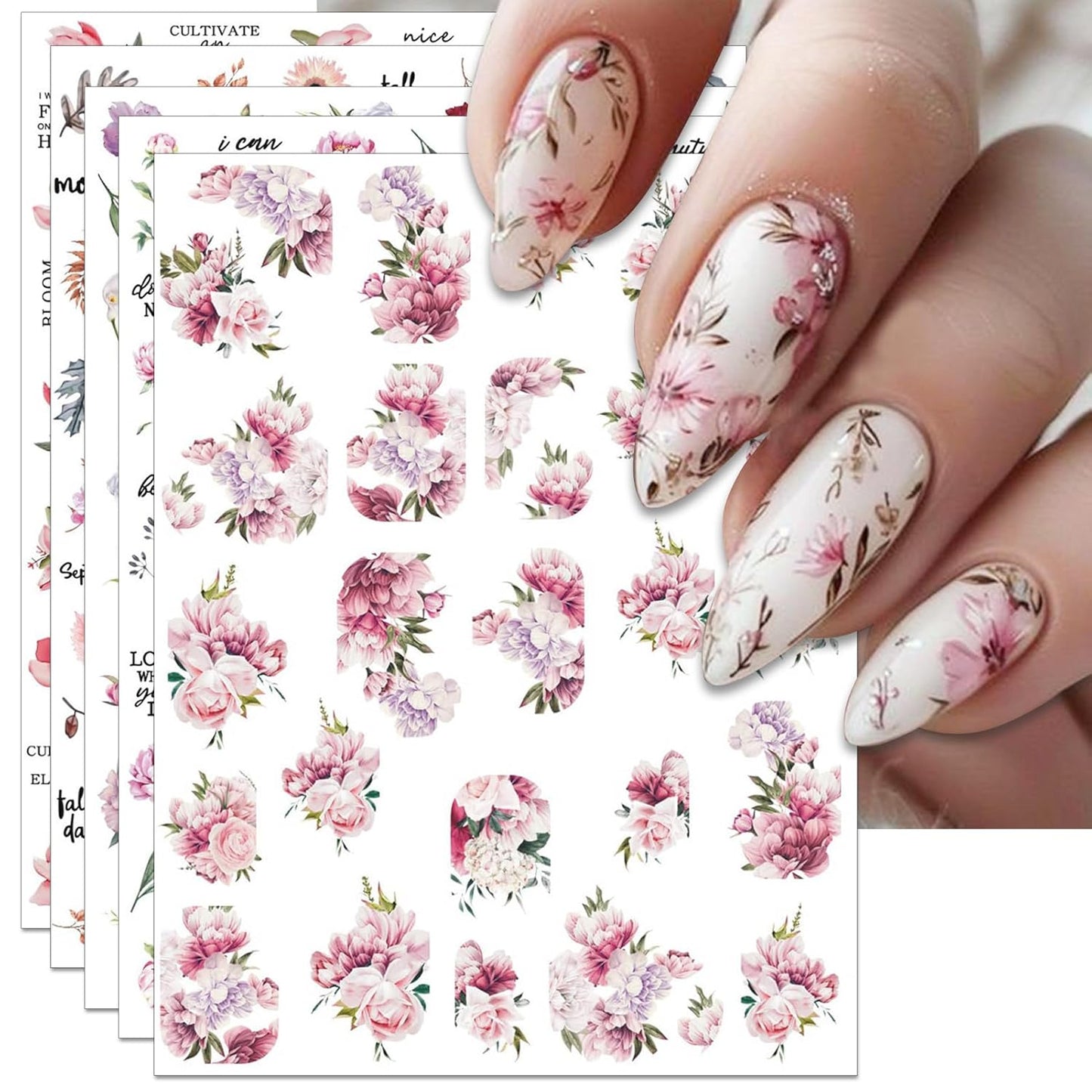 Peony Flower Nail Art Stickers - Pink Floral Leaf Self-Adhesive 3D Nail Decals for DIY Spring Summer Manicure (6 Sheets)