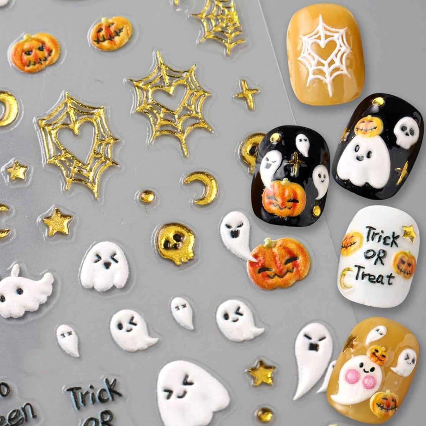 Halloween Spooky Nail Stickers, Embossed Ghost Black Cat 5D Self-Adhesive Nail Art Decals for DIY Cute Pumpkin Manicure (2 Sheets)