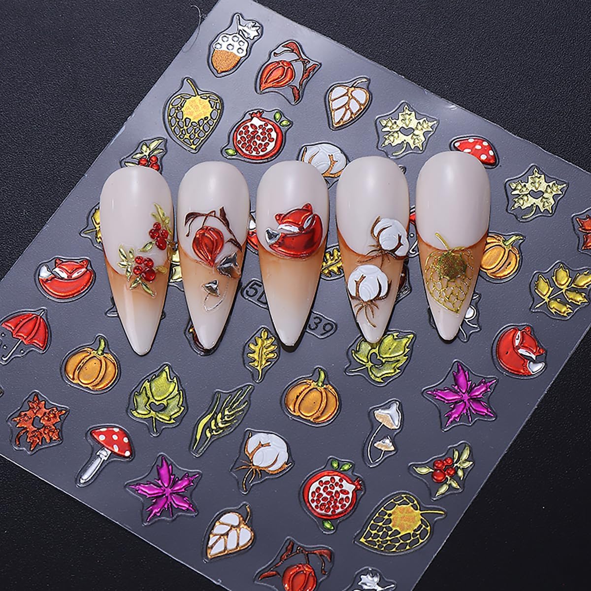 Fall Nail Art Stickers Autumn Maple Leaf Pumpkin pineal Mushroom Design Nail Decals 5D Embossed Self-Adhesive Fall Nails Stickers Thanksgiving Day Nails Art Supplies for Women DIY Manicure Decor