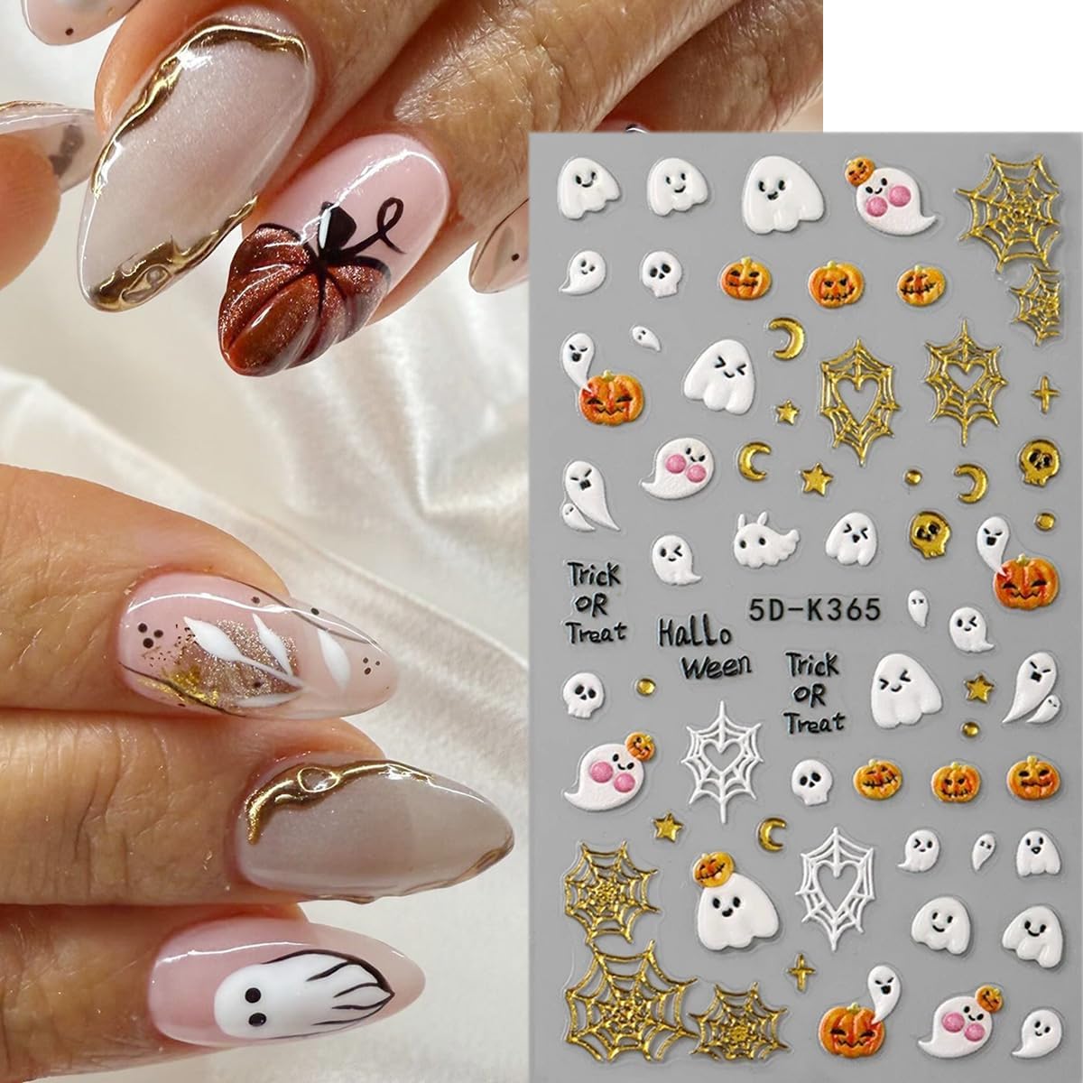 3 Sheets Goth Nail Stickers 5D Embossed Halloween Ghost Nail Art Stickers Cute Cat Pumpkin with Spider Bat Design Sticker Gold Spider Web Nail Decals Nail Art Supplies for Women Acrylic Nail DIY