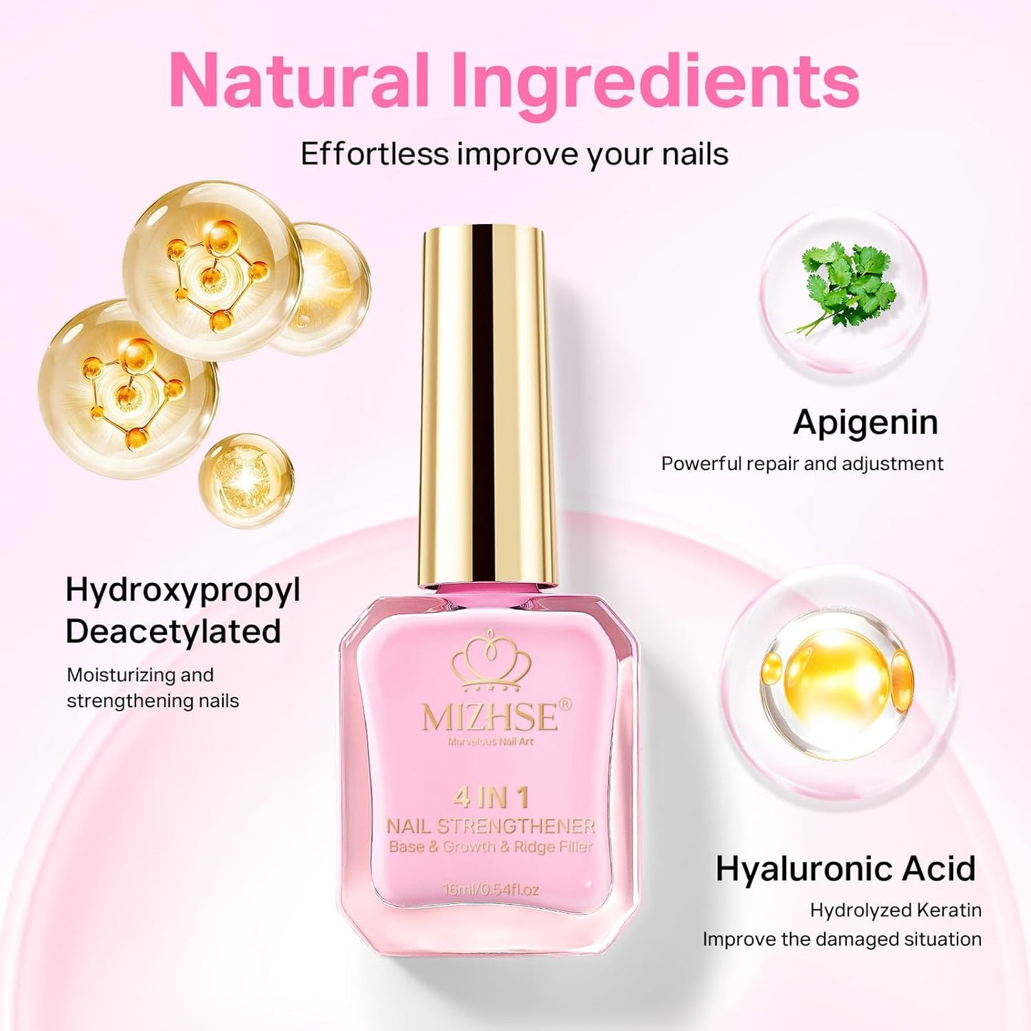 MIZHSE Nail Strengthener and Growth Nail Hardener Extra Strong and Growth, Nail Repair for Thin and Damaged Nails, Concealer Ridge Filler Foundation Polish Pink 16ML