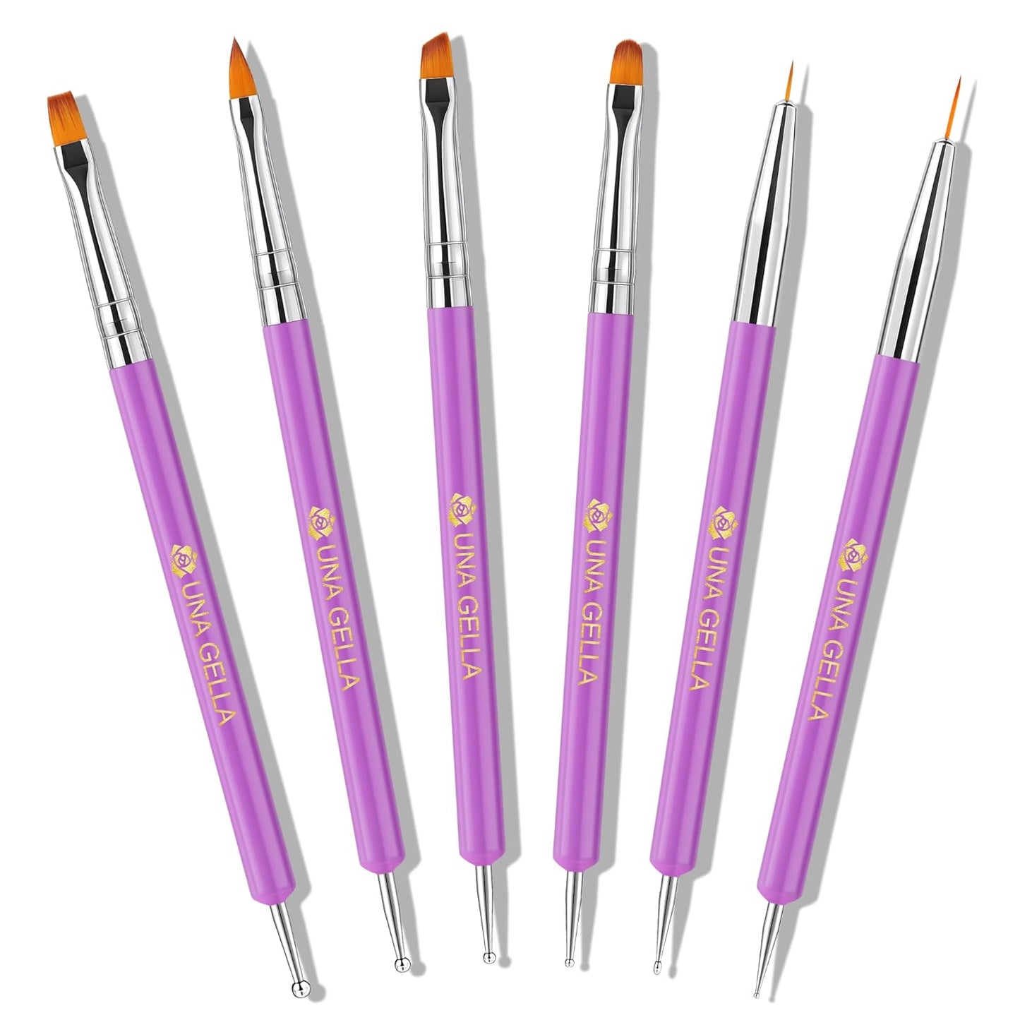 UNA GELLA Nail Art Pens 6PCS Purple Color Double-ended Acrylic Nail Brush Set Nail Dotting Tools Nail Art Design Brushes for Gel Polish, Liner, Drawing, Dotting and Detailing French Tip Tool