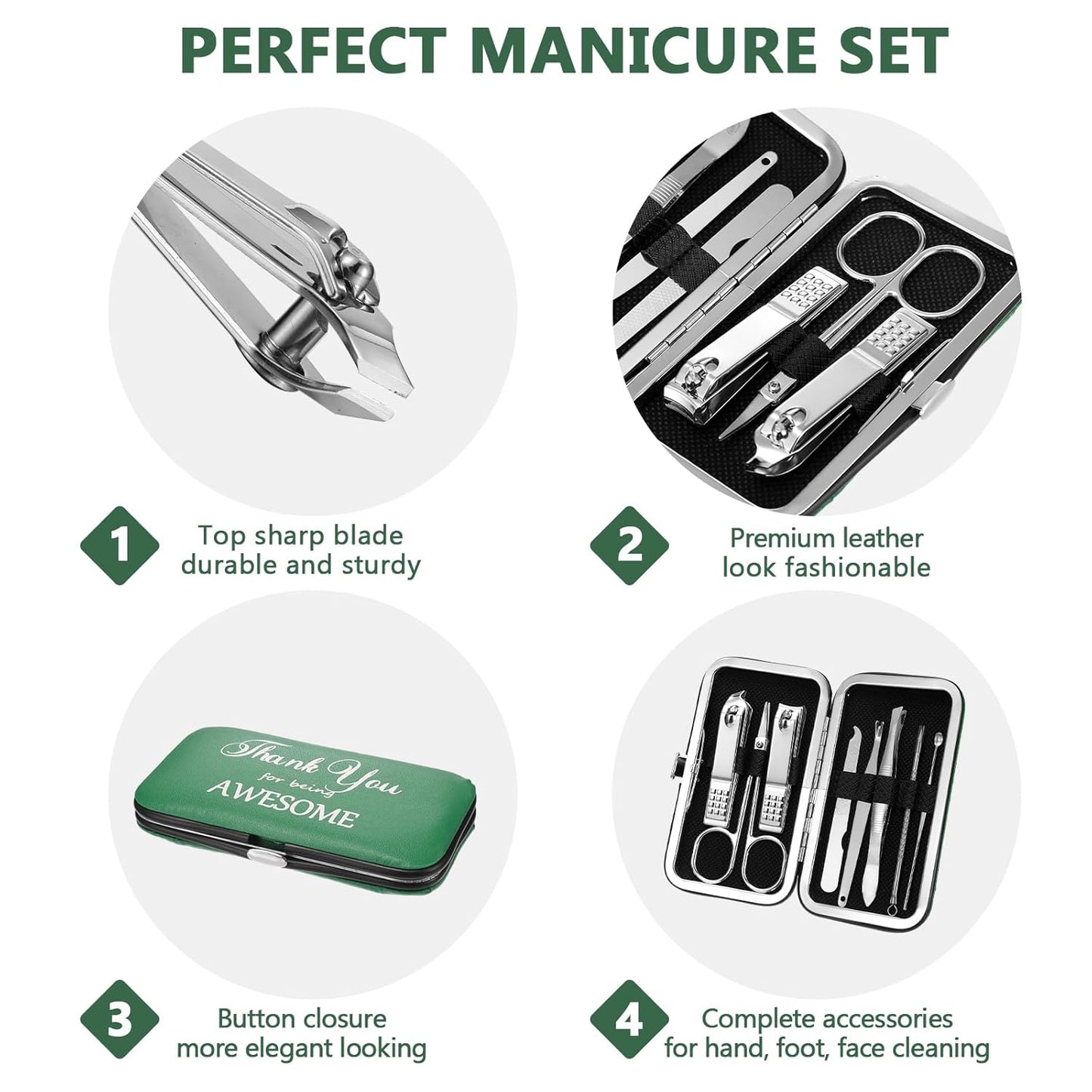 Therwen 24 Sets Manicure Set Nail Clippers 8 in 1 Stainless Steel Grooming Nail Kit Thank You Appreciation Gift Professional Pedicure Tool for Men Women Personal Care(Green)