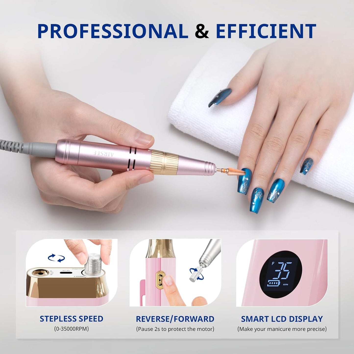 AIRSEE Professional Portable Nail Drill 35000RPM,Rechargeable Cordless Nail Drill for Manicure Salon Home, Eletric NALI E File for Acrylic Nails Gel Polishing Removing, EW4 Pink