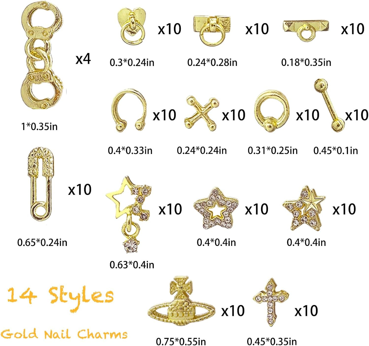 154PCS Gold Nail Charms for Acrylic Nails,Star Planet Cross Handcuffs Pins Doorknobs Puncture Golden Half Round Pearl Nail Accessories Nail Art Supplies Manicure Craft DIY