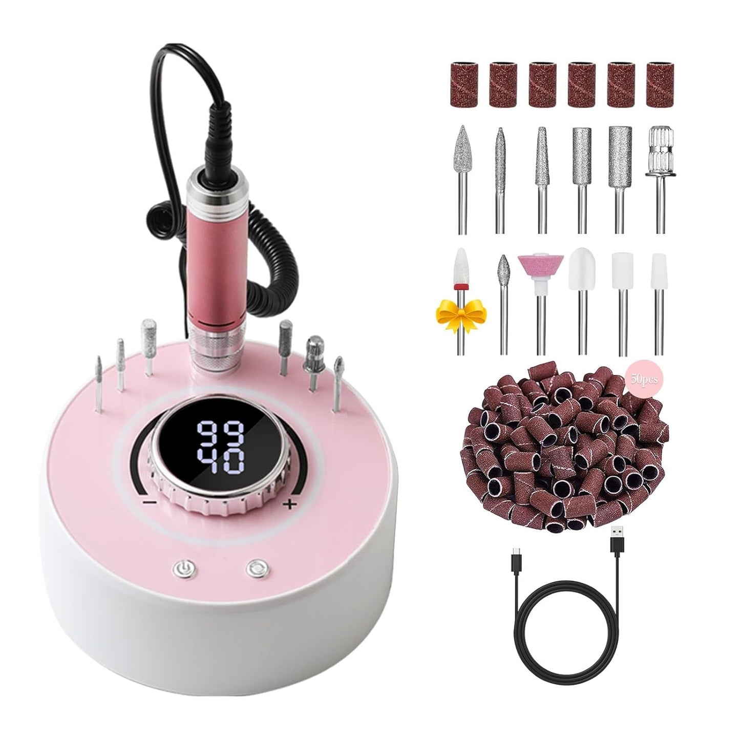 Electric Nail Drill File: Professional 40000RPM Nail E-File Drill, Rechargeable Cordless Nail Drill with Bits & Base for Acrylic Nails Remove Nail Gel Polish Manicure for Home Salon Use (Pink)