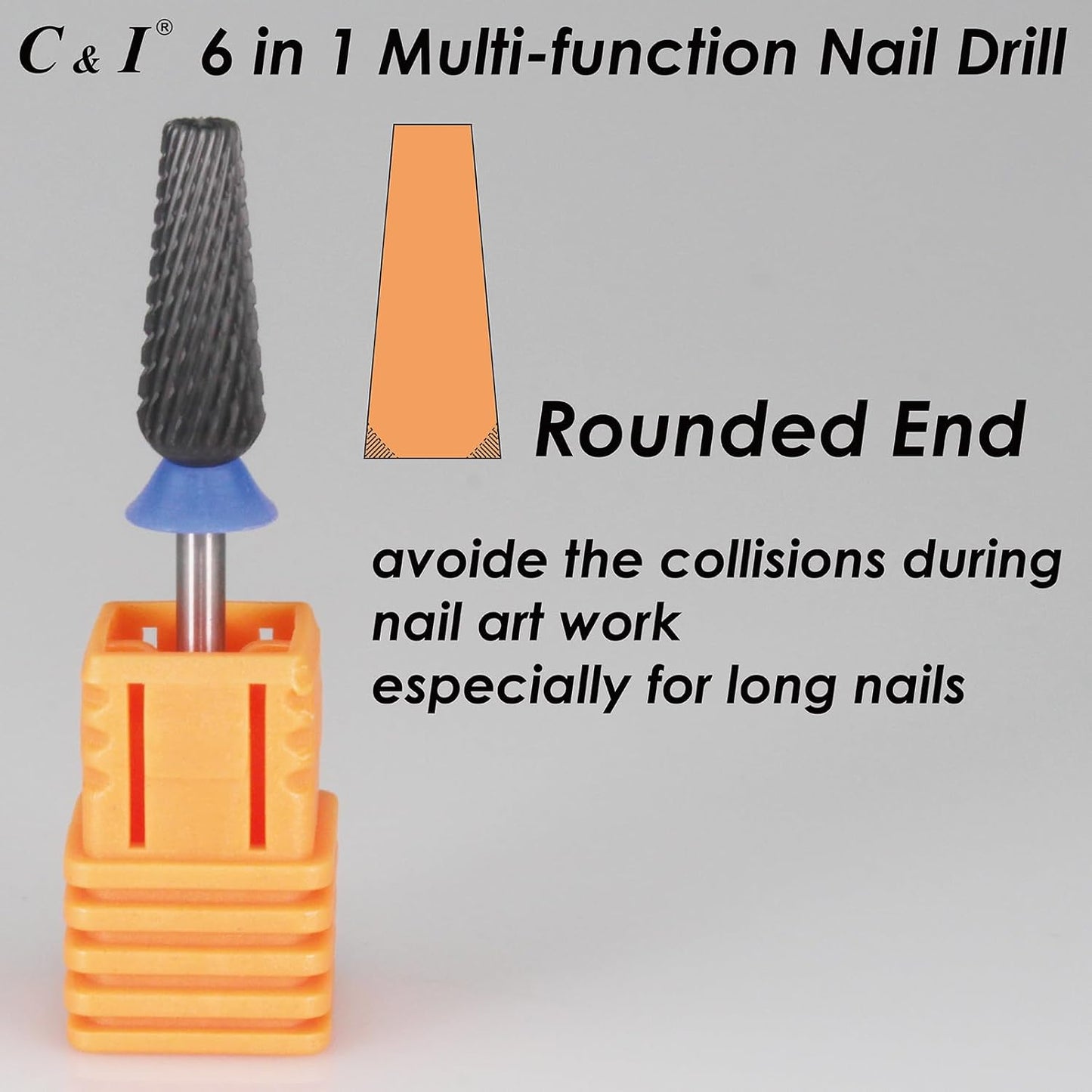 C & I Nail Drill Bit 6 in 1 Multi-function Rounded End E-file, Diamond Coat, CNC Overall Cut Nail Tools for Nail Techs Quick Remove Acrylic Nail Gels & Nail Art (Special Coat, Middle -M)
