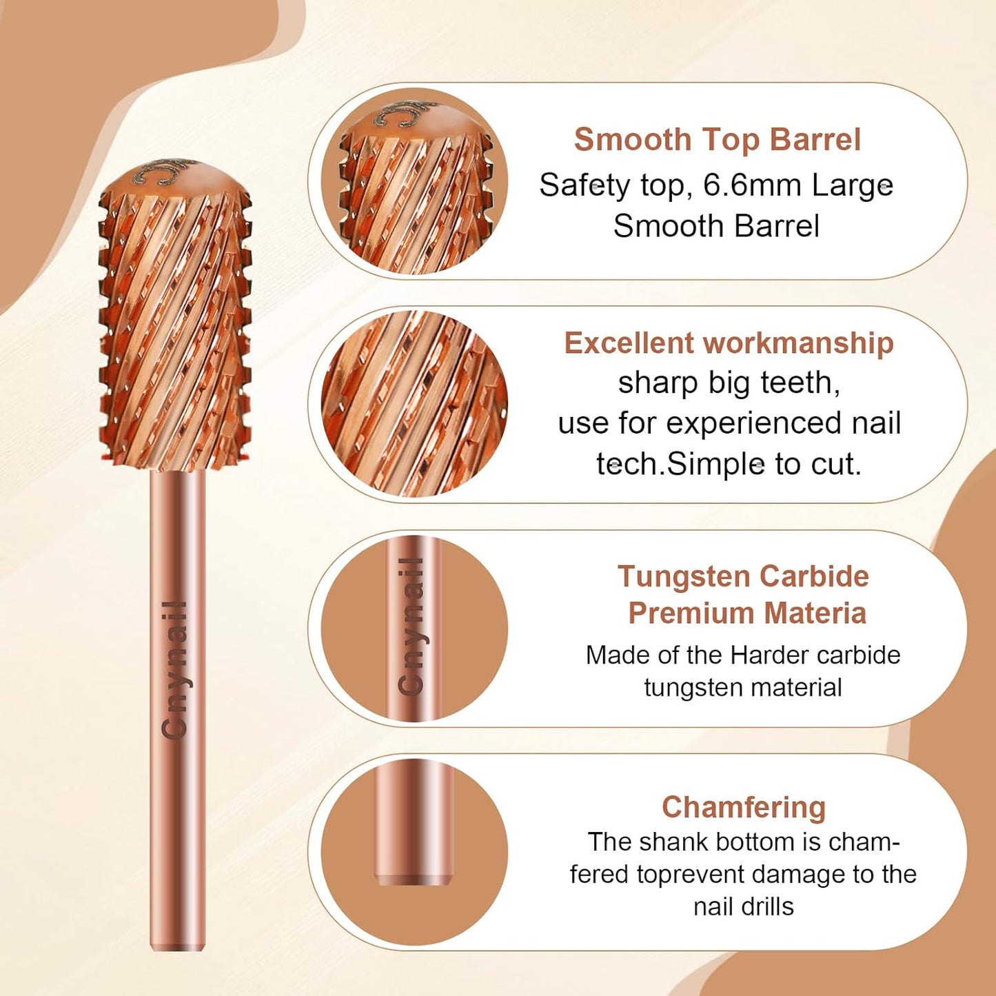 3/32" Large Barrel Smooth Round Top Tungsten Carbide Nail Drill Bit Safety Bit for Gel & Acrylic Removal, 2-Way Rotating Efile Tip, Salon Electric File Accessory (2XC Grit, Rose Gold)